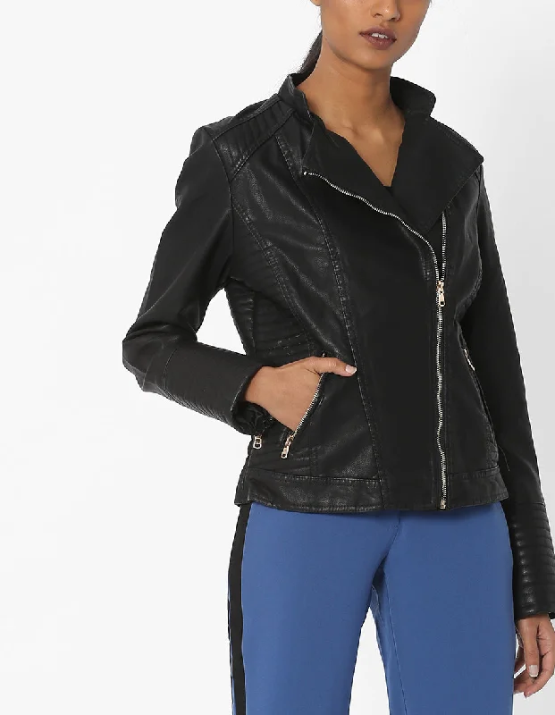 Women's Black Leather Motorcycle Jacket WJ057 Belted Jacket Elasticated Jacket Padded Jacket