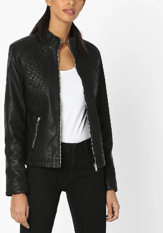 Women's Black Quilted Leather Motorcycle Jacket WJ059 Appliqued Jacket Beaded Jacket Sequined Jacket