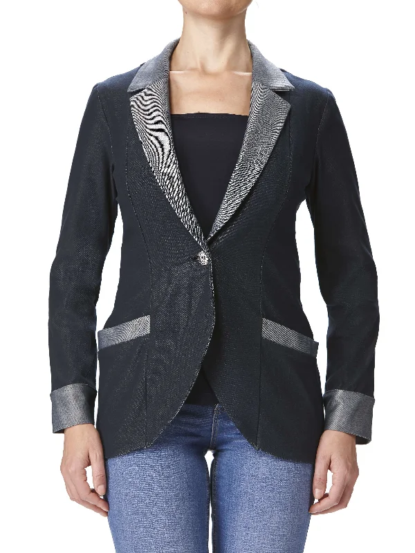 Women's Jacket Denim Blue Quality Stretch Knit fabric Amazing design And Flattering fit  Quality Stretch comfort Fabric Made In Canada Yvonne Marie Boutiques Rayon Jacket Velvet Jacket Corduroy Jacket