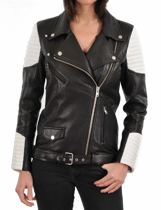 Women's Genuine Leather Motorcycle Jacket Black WJ020 Bomber Jacket Anorak Windbreaker