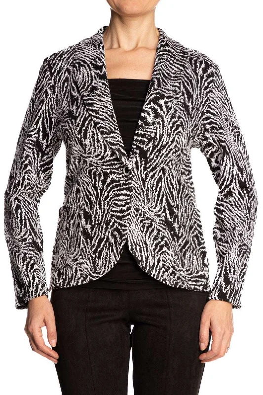 Women's Jacket Black And White Stretch Quality fabric Sizes Large And XLARGE ON SALE NOW Made In Canada Yvonne Marie Boutiques Boat Neck Shawl Collar Notched Collar