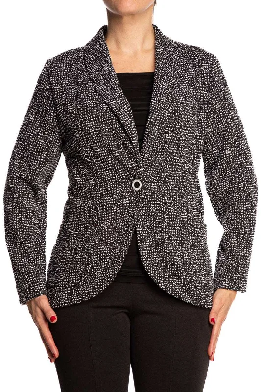 Women's Jacket Black And White Soft Quality Stretch Fabric Flattering Comfort Fit Quality made in Canada Yvonne Marie Boutiques Zip Front Button Front Snap Front