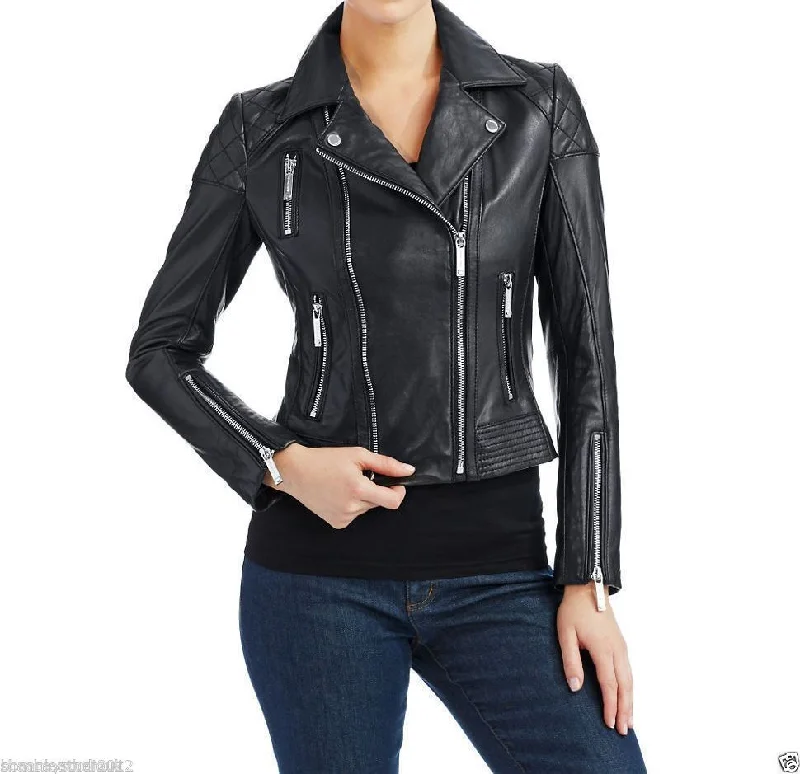 Women's Quilted Leather Motorcycle Jacket WJ044 Oversized Jacket Tailored Jacket Straight Jacket