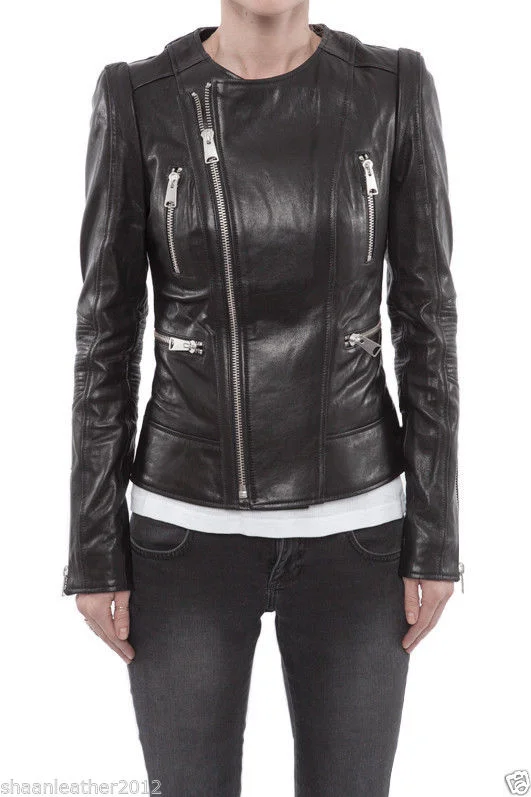 Women's Round Neck Black Leather Jacket WJ045 Insulated Jacket Fitted Jacket Loose Jacket