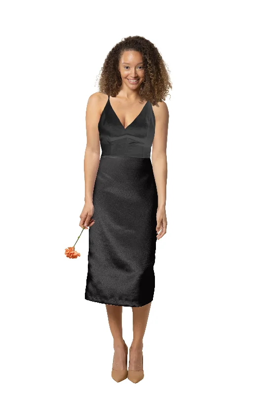 Henley Bodice with Straight Midi Skirt in Shantung leather skirt sleek