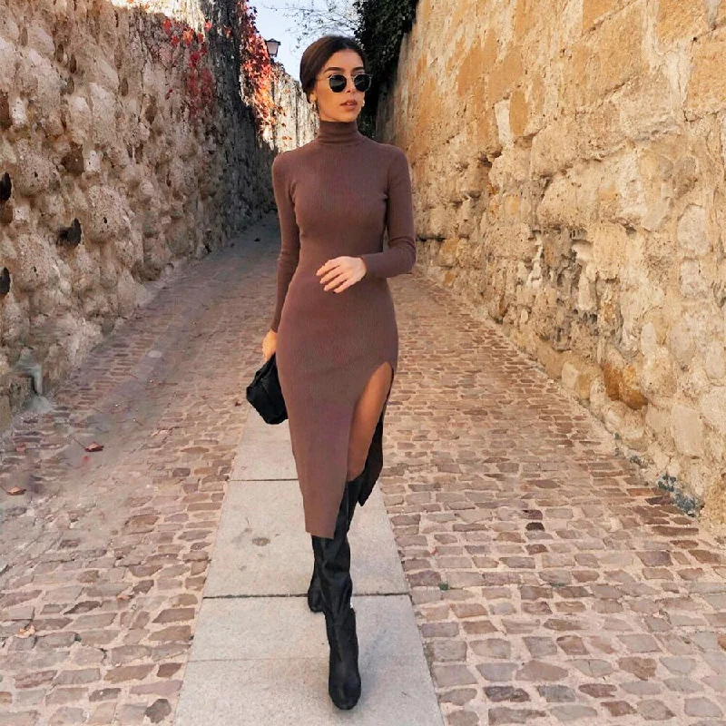 2022 Dress Women Long Sleeves High-Neck Elastic Midi Dress  Elegant Chic Lady Knit Sweater Dresses Women robe femme Chenille Blend Fleece Blend Nylon Blend