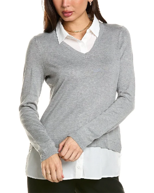 Adrianna Papell Two-Fer V-Neck Sweater Slim Fit Regular Fit Oversized