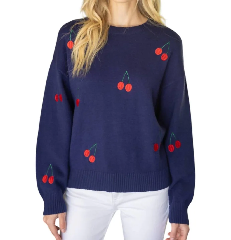 Cherry Embroidered Sweater In Navy Toggled Drawstring Belted