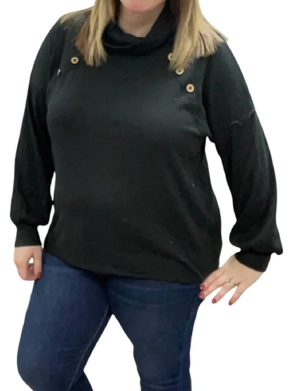 Cowlneck Faux Button Sweater In Black Zippered Front Buttoned Front Snap Front