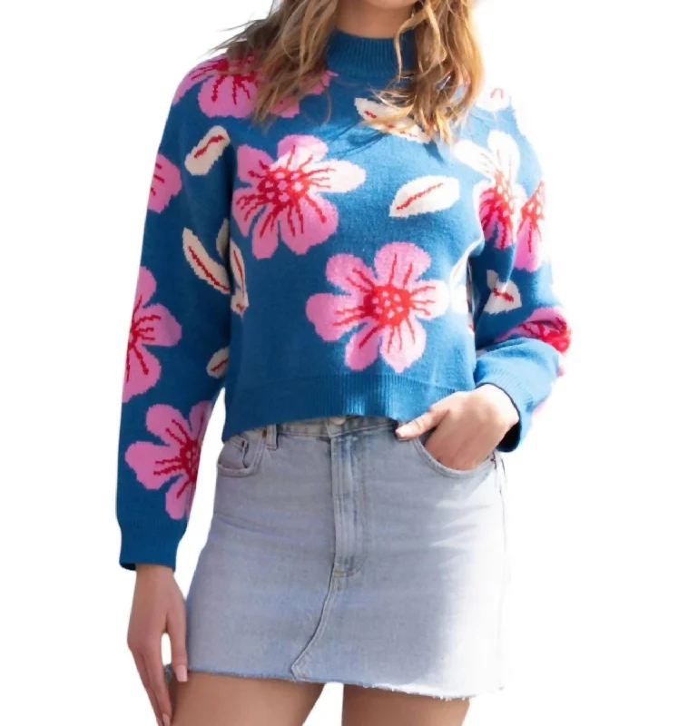 Flower Knit Sweater In Blue Stylish Fashionable Trendy