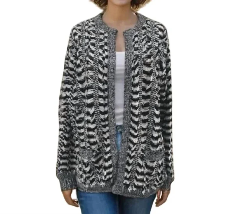 Fringe Cardigan Sweater In Black, White Notch Collar Peter Pan Collar Cowl Neck