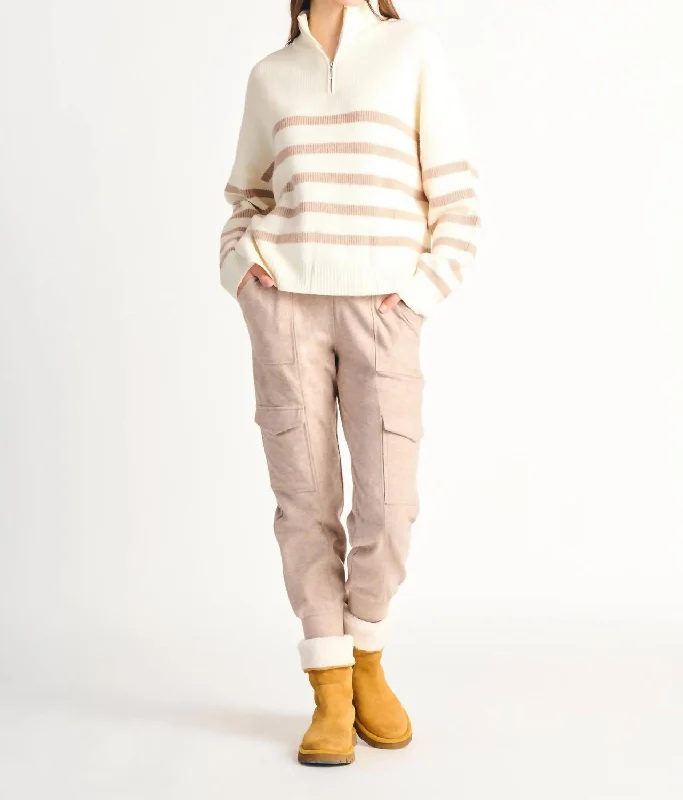 Half Zip Stripe Sweater In Natural Notch Collar Peter Pan Collar Cowl Neck