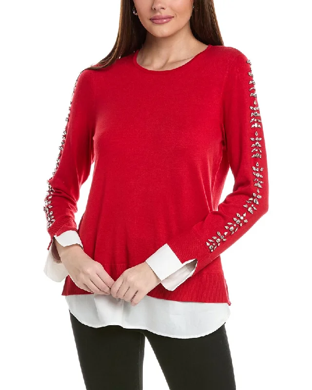 Jones New York Embellished Sleeve Twofer Sweater Hooded Sweater Collared Sweater Shawl Collar