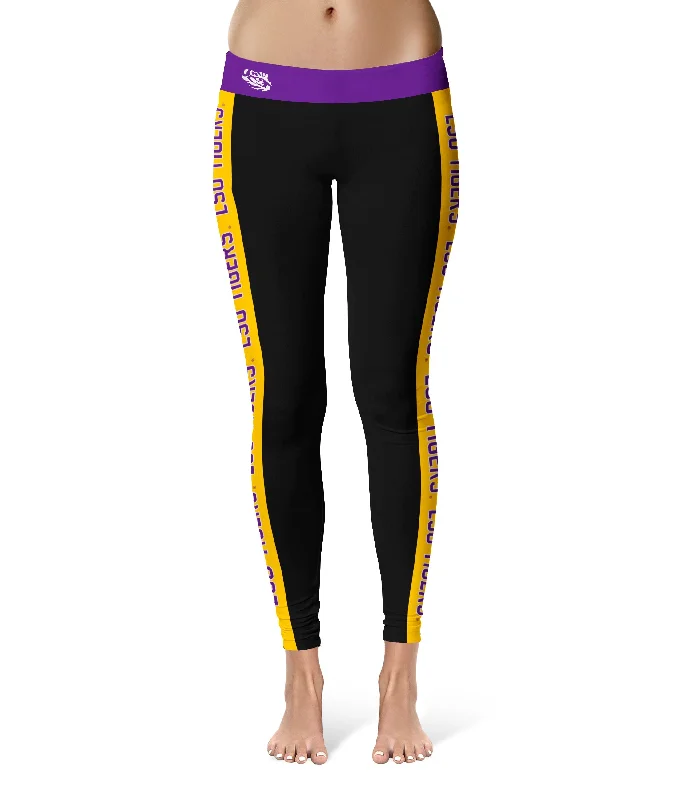 Louisiana State Tigers Game Day Gold Stripes Black Yoga Leggings for Women by Vive La Fete Trendy Black Mesh Leggings