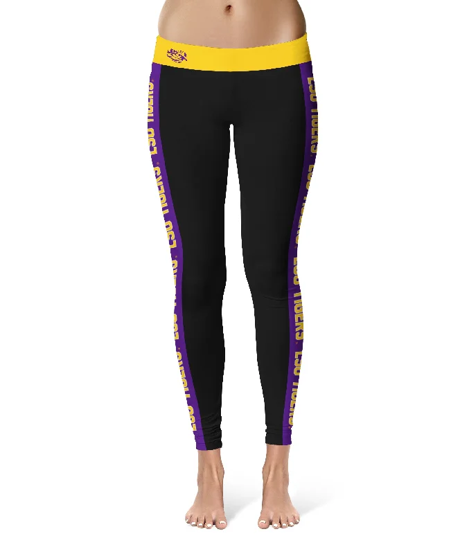 Louisiana State Tigers Game Day Purple Stripes Black Yoga Leggings for Women by Vive La Fete Trendy Faux Suede Leggings