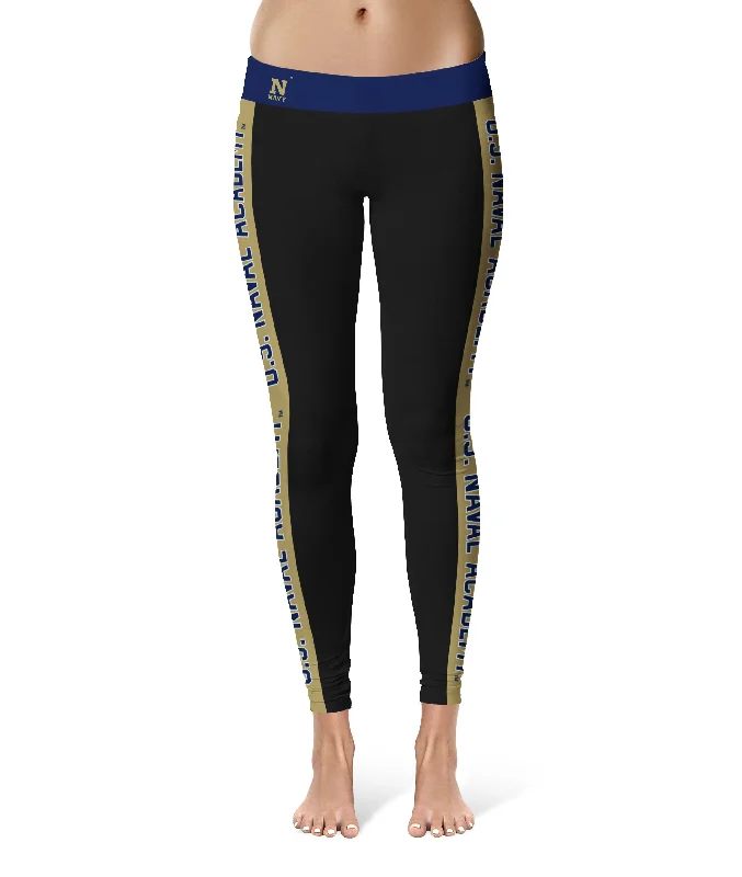 Naval Academy Midshipmen Game Day Gold Stripes Black Yoga Leggings for Women by Vive La Fete Elegant Textured Leggings