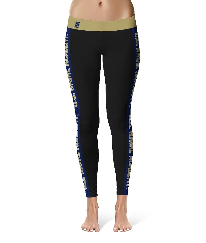 Naval Academy Midshipmen Game Day Navy Stripes Black Yoga Leggings for Women by Vive La Fete Trendy Cold Weather Tights