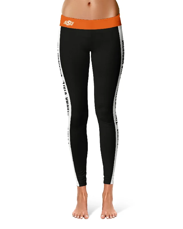 Oklahoma State Cowboys Game Day White Stripes Black Yoga Leggings for Women by Vive La Fete Trendy Adjustable Waist Leggings