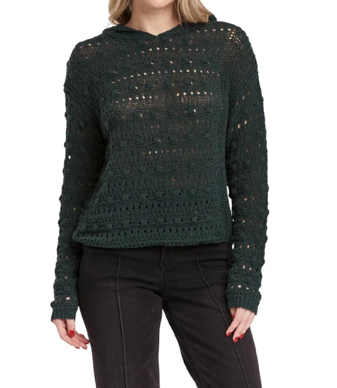 Olsen Pointelle Hoodie Sweater In Dark Moss Welt Pockets Slit Pockets Flap Pockets