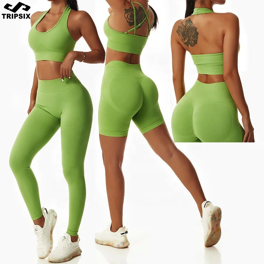 Women Popular New Design Seamless Shirt Short Legging Bra Gym Set Yoga Wear Set Fitness Set Chic Workout Leggings