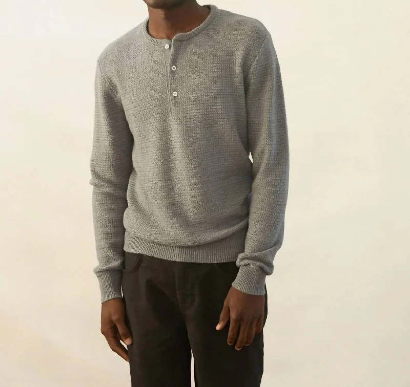 Textured Sweater Henley In Steel Grey Front Pockets Side Pockets Patch Pockets