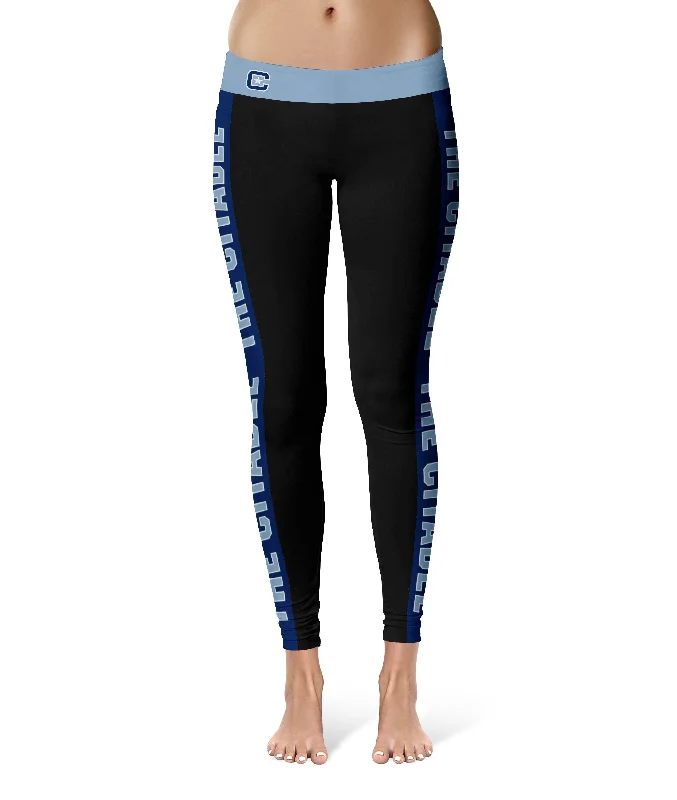 The Citadel Bulldogs Game Day Blue Stripes Black Yoga Leggings for Women by Vive La Fete Trendy Sports Performance Leggings