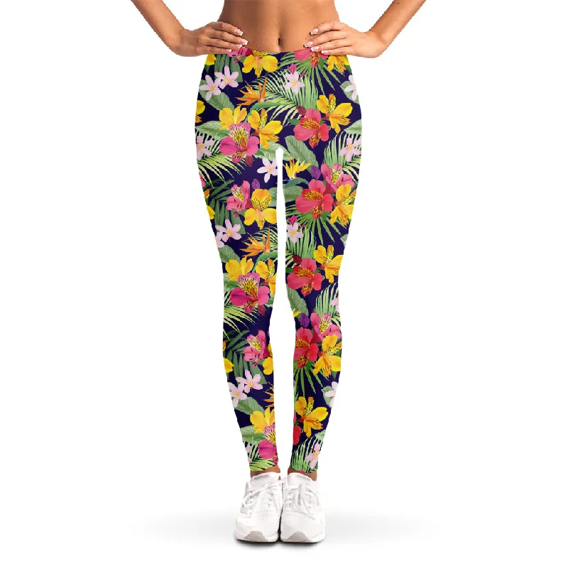 Tropical Alstroemeria Pattern Print Women's Leggings Stylish Pockets Active Leggings