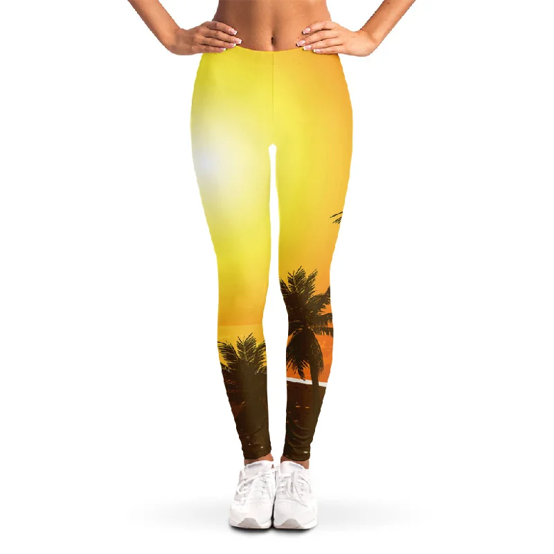 Tropical Beach Sunset Print Women's Leggings Stylish Patterned Active Leggings