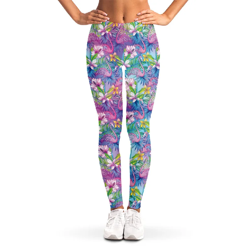 Tropical Flamingo And Hibiscus Print Women's Leggings Stylish Stretch-Waist Leggings