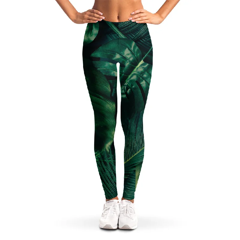 Tropical Green Leaves Print Women's Leggings Cozy Textured Workout Leggings