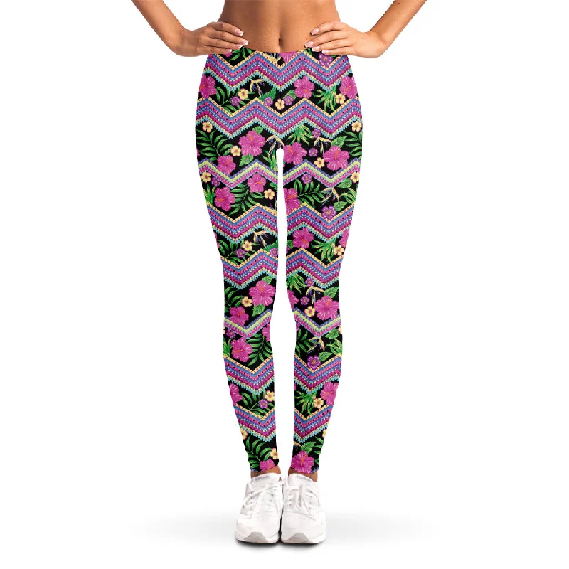 Tropical Hibiscus Flowers Aztec Print Women's Leggings Trendy Cut-Out Activewear Leggings