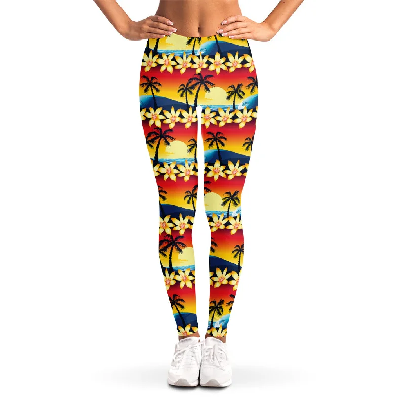 Tropical Sunset Pattern Print Women's Leggings Fashionable Solid Color Tights