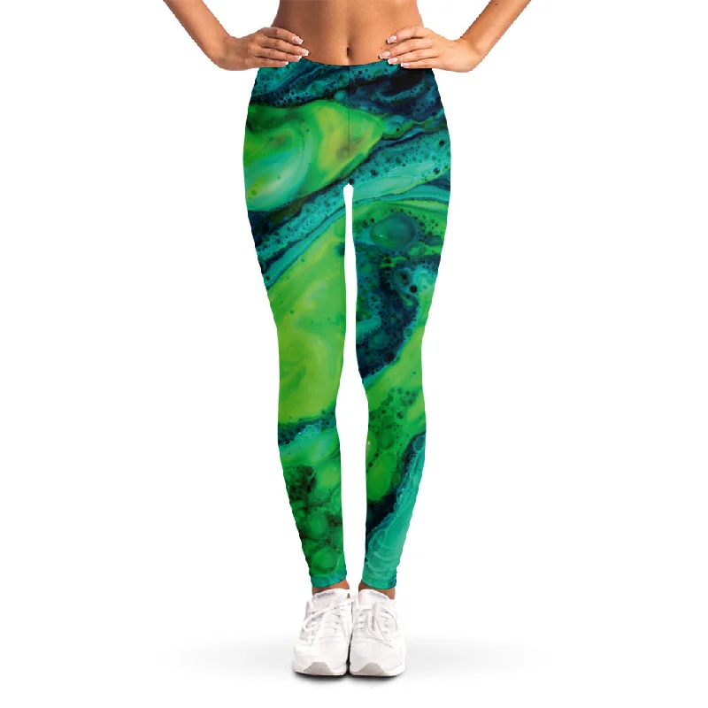 Turquoise And Green Acid Melt Print Women's Leggings Fashionable Sports Leggings