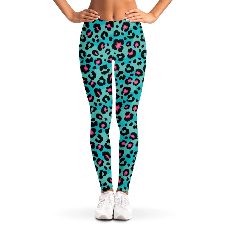 Turquoise And Pink Leopard Print Women's Leggings Stylish Faux Leather Leggings