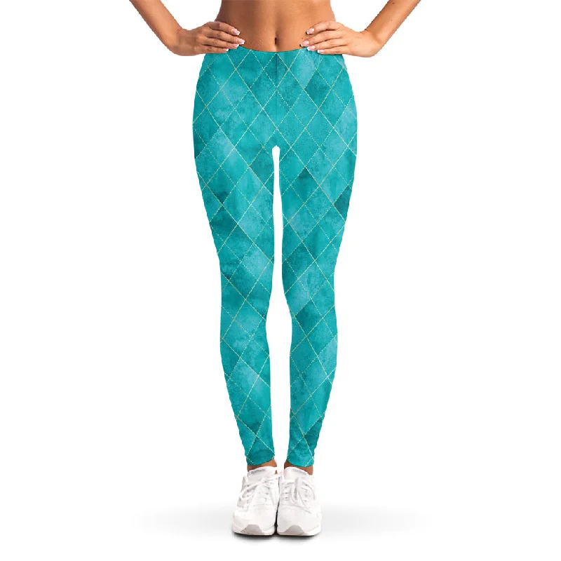 Turquoise Argyle Pattern Print Women's Leggings Fashionable Seamless Leggings