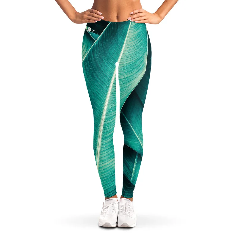 Turquoise Banana Leaf Print Women's Leggings Classic Solid Color Leggings