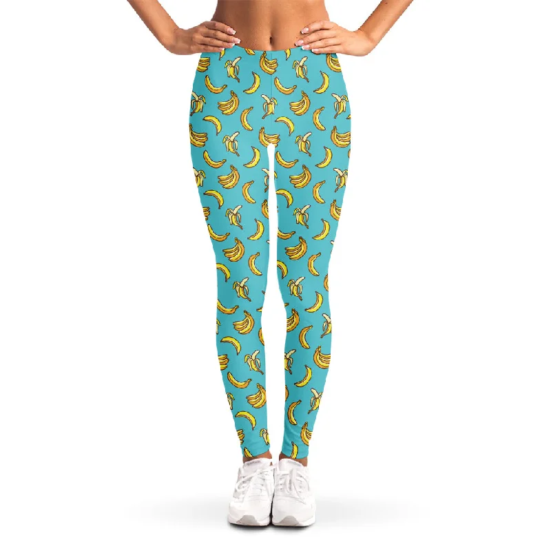 Turquoise Banana Pattern Print Women's Leggings Comfortable Compression Leggings