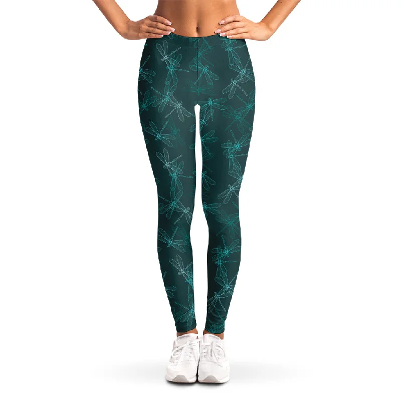 Turquoise Dragonfly Pattern Print Women's Leggings Trendy Leather-Look Workout Leggings