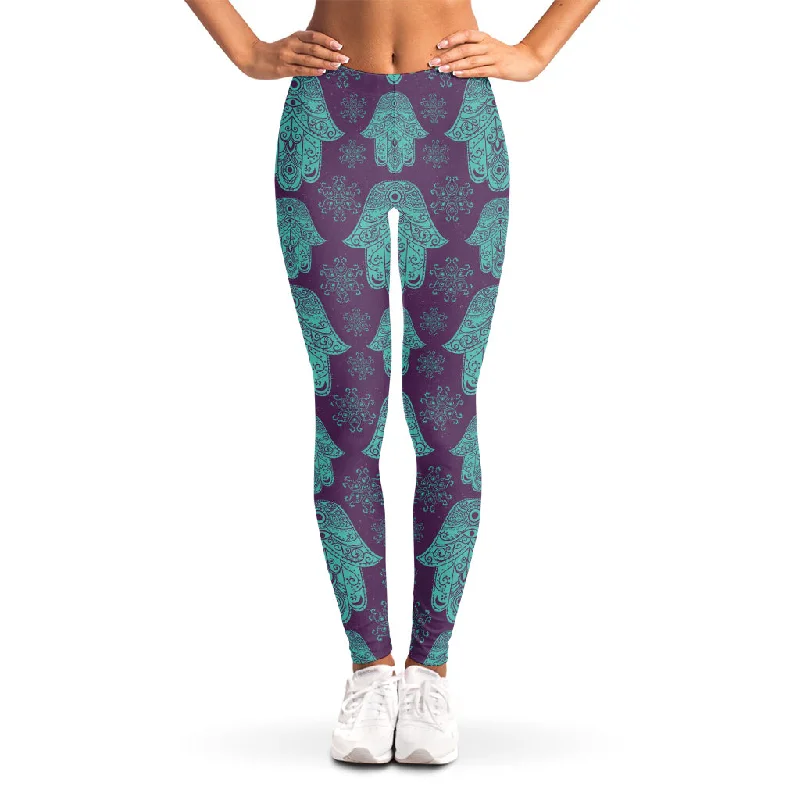 Turquoise Hamsa Pattern Print Women's Leggings Fashionable Moisture-Wicking Leggings