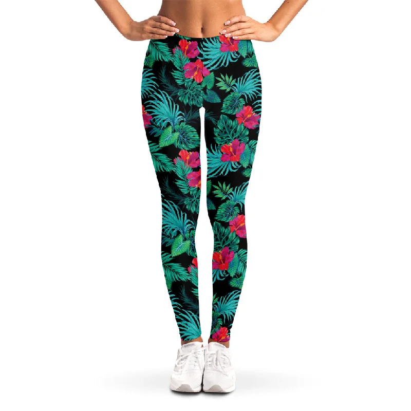 Turquoise Hawaiian Palm Leaves Print Women's Leggings Trendy High-Compression Leggings