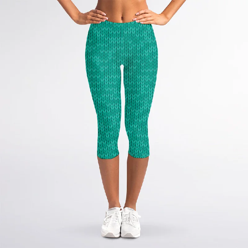 Turquoise Knitted Pattern Print Women's Capri Leggings Trendy Ombre Effect Leggings