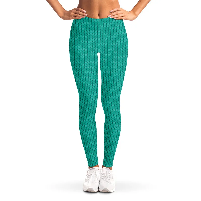 Turquoise Knitted Pattern Print Women's Leggings Fashionable Stretchy Fit Leggings