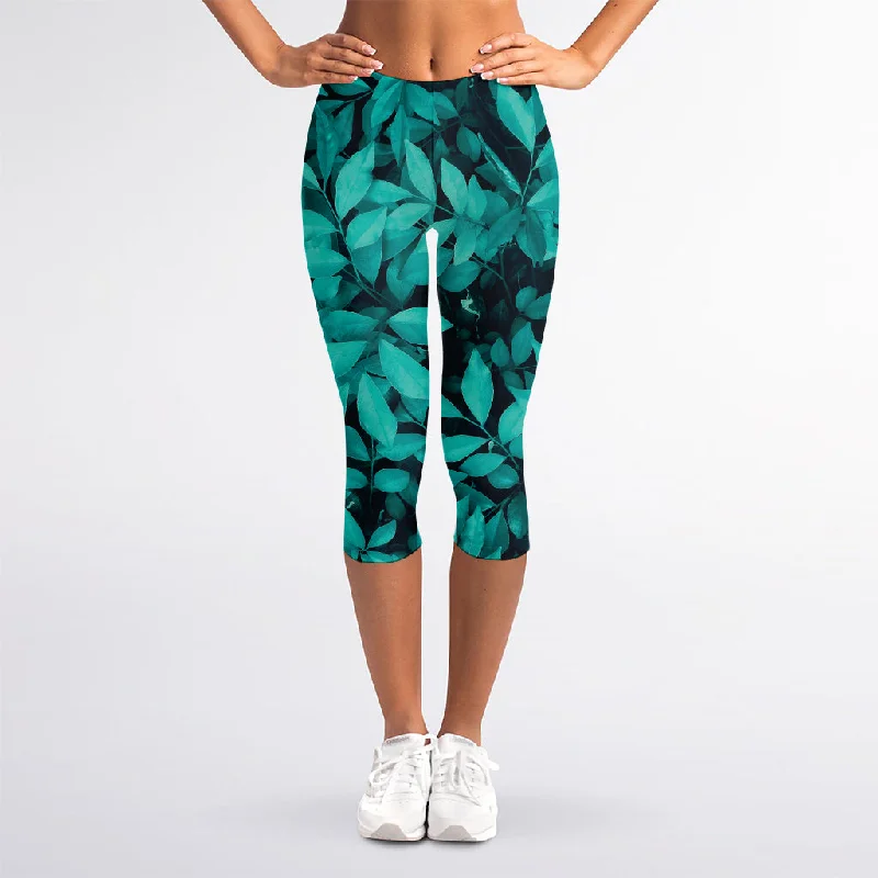 Turquoise Leaf Print Women's Capri Leggings Elegant Shiny Black Leggings