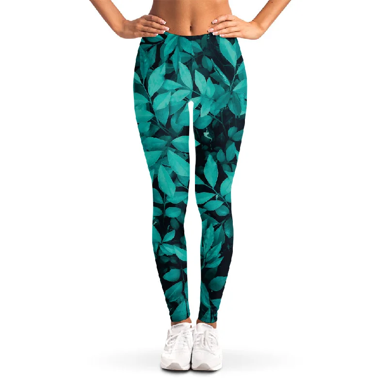 Turquoise Leaf Print Women's Leggings Stylish High-Waisted Leggings