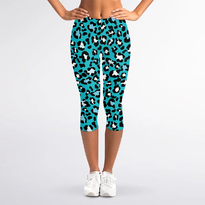 Turquoise Leopard Print Women's Capri Leggings Trendy Foil Finish Leggings