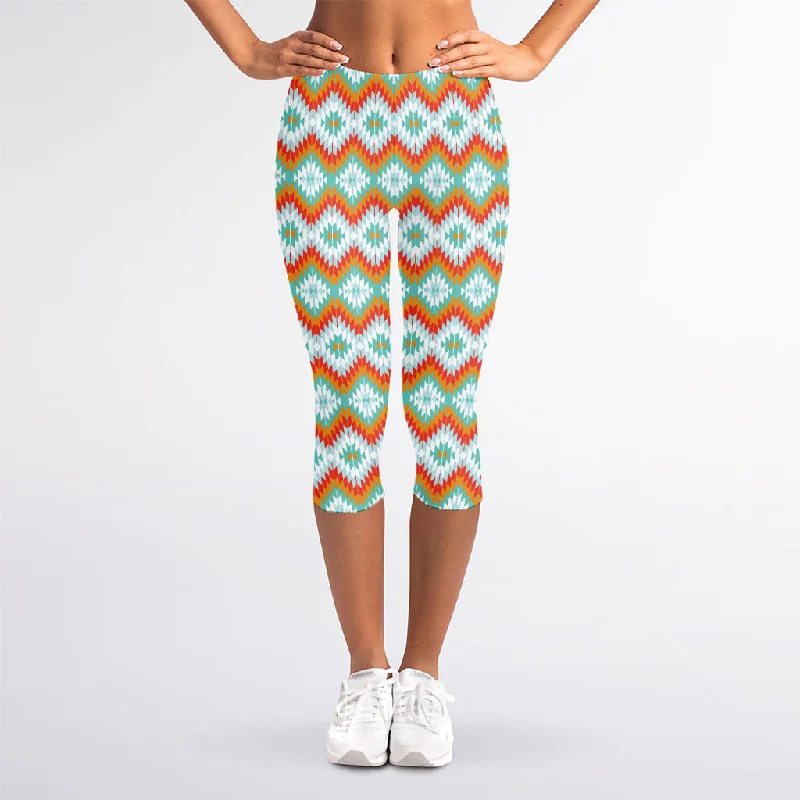 Turquoise Native American Pattern Print Women's Capri Leggings Comfortable Yoga Tights Leggings