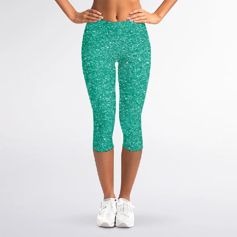 Turquoise (NOT Real) Glitter Print Women's Capri Leggings Fashionable Sports Leggings