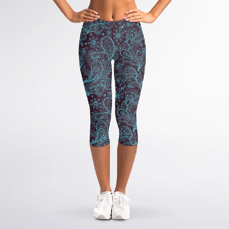 Turquoise Paisley Pattern Print Women's Capri Leggings Elegant Stretchy Faux Leather Leggings