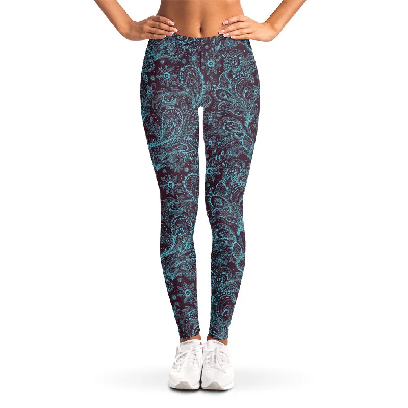 Turquoise Paisley Pattern Print Women's Leggings Comfortable Sports Performance Tights