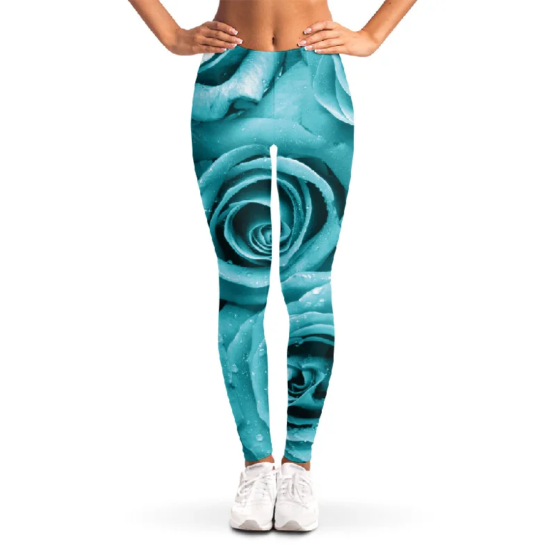 Turquoise Rose Flower Print Women's Leggings Fashionable Fitted Workout Leggings